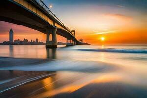 el puesta de sol terminado el Oceano y un puente. generado por ai foto