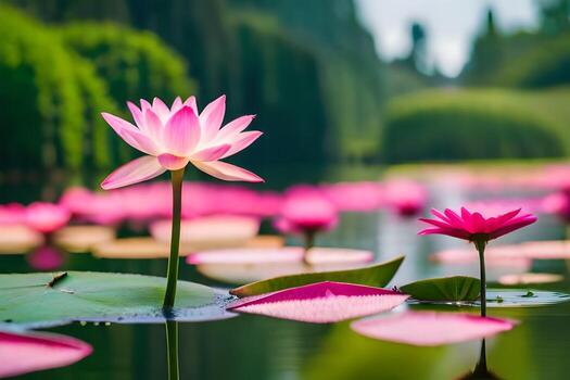 rosado loto flores en el agua. generado por ai foto