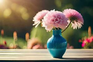 pink flowers in a blue vase on a wooden table. AI-Generated photo