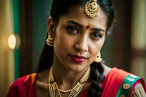 a woman in a red sari with gold jewelry. AI-Generated photo