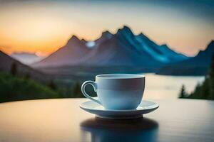 coffee cup on the table with mountains in the background. AI-Generated photo