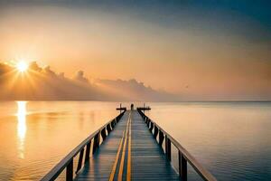 a pier with a boat on it at sunset. AI-Generated photo