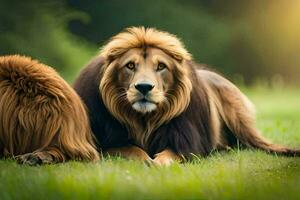 dos leones tendido en el césped. generado por ai foto
