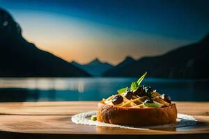a dessert on a wooden table in front of a lake. AI-Generated photo