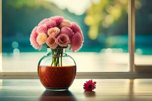 a vase with pink flowers sitting on a table near a window. AI-Generated photo