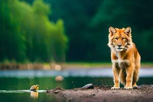 a lion stands next to a duck in the water. AI-Generated photo