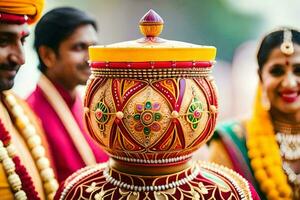 un hombre y mujer en tradicional indio atuendo. generado por ai foto