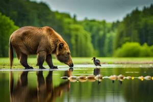 un oso y un pájaro son en pie en el agua. generado por ai foto