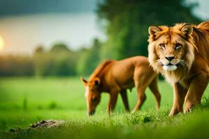 two lions are walking in the grass. AI-Generated photo