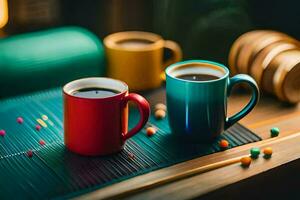 dos café tazas en un mesa. generado por ai foto