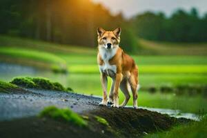 a dog standing on a road near a river. AI-Generated photo