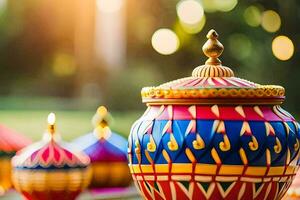 colorful diyas are displayed on a table. AI-Generated photo