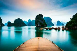 a wooden dock in the middle of a body of water. AI-Generated photo