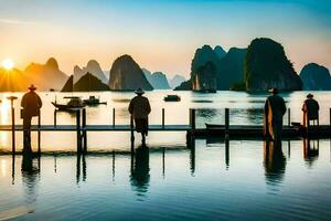 people standing on a dock at sunset with mountains in the background. AI-Generated photo