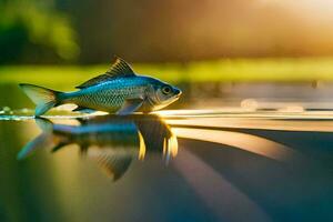 un pescado es nadando en el agua a puesta de sol. generado por ai foto