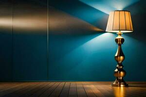 a lamp on a wooden floor in front of a blue wall. AI-Generated photo