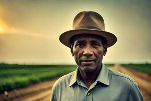 un hombre en un sombrero en pie en un campo. generado por ai foto