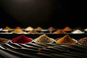 spices in a tray on a black background. AI-Generated photo