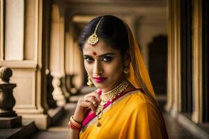 a beautiful indian woman in a yellow sari. AI-Generated photo