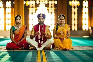 three indian women in traditional attire sitting on the floor. AI-Generated photo