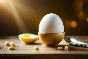 an egg is sitting on a wooden table with a spoon and knife. AI-Generated photo