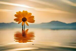 a single yellow flower is standing in the water. AI-Generated photo