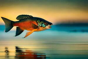 a fish is flying over the water at sunset. AI-Generated photo