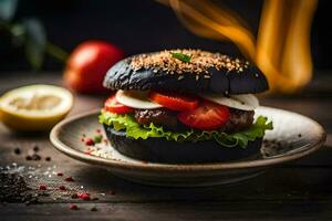 a black burger with tomatoes and cheese on a plate. AI-Generated photo