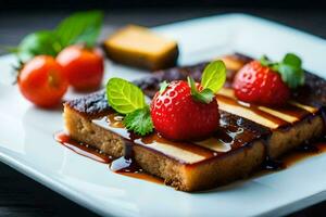 un cuadrado plato coronado con un rebanada de pastel con fresas y salsa. generado por ai foto