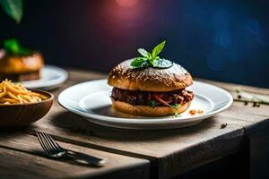 a hamburger on a plate with a fork and knife. AI-Generated photo