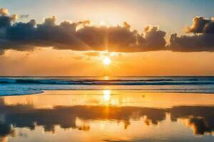 the sun rises over the ocean and clouds reflected in the water. AI-Generated photo
