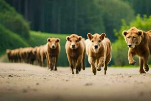 a herd of brown cows running down a dirt road. AI-Generated photo