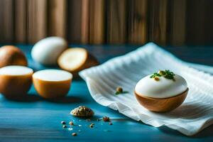 eggs in wooden bowls on a blue table. AI-Generated photo