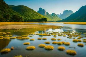 a river with grass and mountains in the background. AI-Generated photo