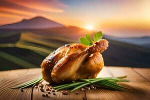 chicken on the table with sunset in the background. AI-Generated photo