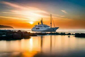 a yacht at sunset in the ocean. AI-Generated photo