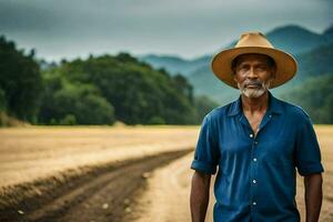 un africano americano hombre en un azul camisa y sombrero en pie en un campo. generado por ai foto