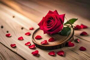 the rose is on a wooden table with petals scattered around it. AI-Generated photo