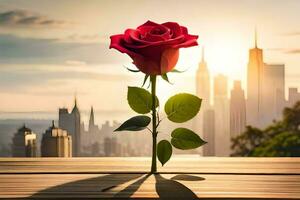 un soltero rojo Rosa es sentado en un de madera mesa en frente de un ciudad horizonte. generado por ai foto