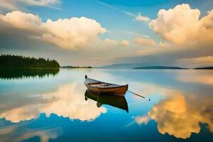 un barco es flotante en el calma agua. generado por ai foto