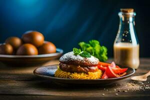 un plato con un hamburguesa, huevos y vegetales. generado por ai foto