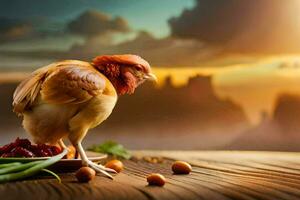 a chicken is standing on a table with a plate of food. AI-Generated photo
