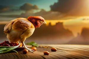 un pollo es en pie en un mesa con un plato de alimento. generado por ai foto