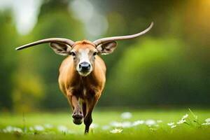 un largo con cuernos vaca corriendo mediante un campo. generado por ai foto