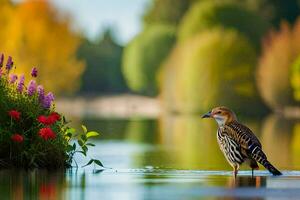 a bird standing on the water with flowers in the background. AI-Generated photo