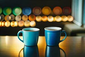 two coffee cups on a table in front of a blurred background. AI-Generated photo