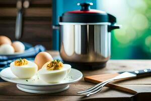 hard boiled eggs on a plate next to a pressure cooker. AI-Generated photo