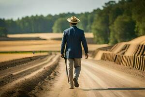 un hombre en un traje y sombrero caminando abajo un suciedad la carretera. generado por ai foto