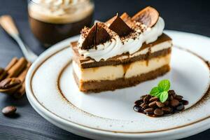 a slice of cake with whipped cream and chocolate on a white plate. AI-Generated photo