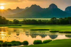 the sun sets over a lake and mountains in the background. AI-Generated photo